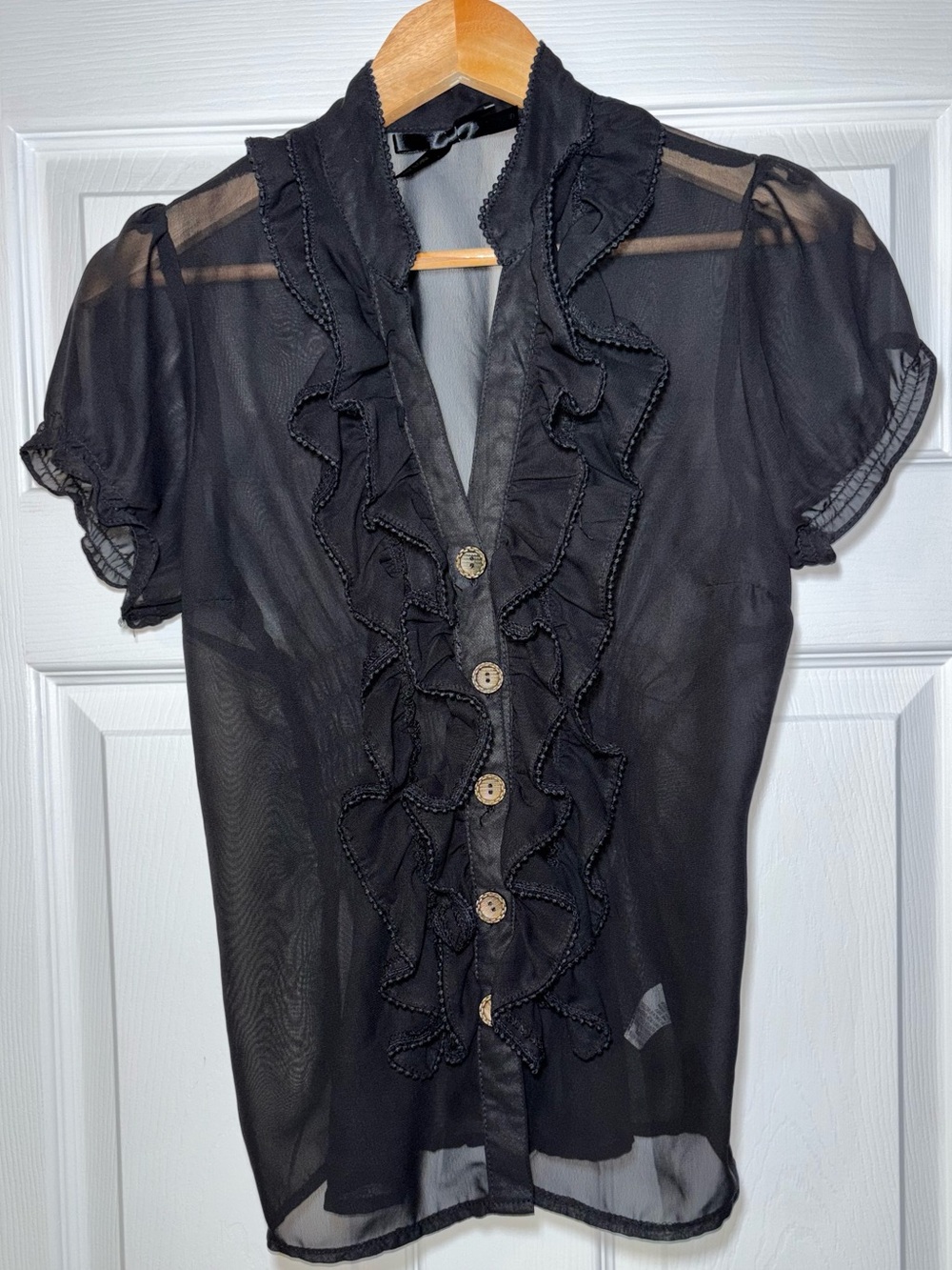 Black Ruffle Sheer Blouse - Women's Elegant Button Front Top